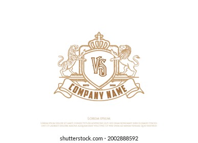 Strong Royal Shield Crown Crest with Lion and Tiger Badge Emblem Label Logo Design Vector