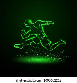 Strong runner. Green neon linear silhouette of a running athlete.