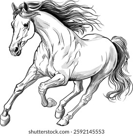 A strong running horse is a graphic vector volume drawing. Detailed black and white drawing of a graceful horse in motion. Artistic illustration in classic graphic style.