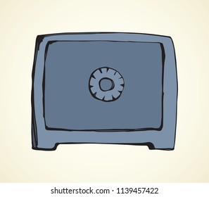 Strong safe on white backdrop. Web logo concept. Freehand linear black ink hand drawn emblem sketchy in art retro scribble contour graphic style. View closeup with space for text