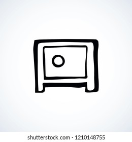 Strong safe on white backdrop. Web logo concept. Freehand linear black ink hand drawn picture sketchy in art retro scribble contour graphic style. View closeup with space for text
