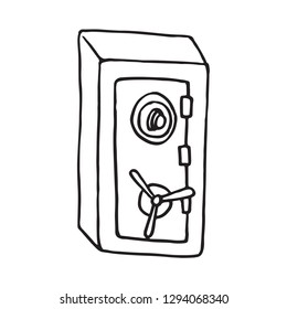 Strong safe on white backdrop. Freehand linear black ink hand drawn picture sketchy contour graphic style