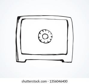 Strong safe on white backdrop. Web logo concept. Freehand linear black ink hand drawn emblem logotype sketchy in art retro scribble contour graphic engraved style. View closeup with space for text