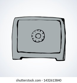 Strong safe on white backdrop. Web logo concept. Freehand linear black ink hand drawn emblem sketchy in art retro scribble contour graphic style. View closeup with space for text