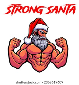 Strong santa claus cartoon vector illustration. Muscular santa claus design for mascot, logo, emblem, poster, sticker, t-shirt. Santa superhero