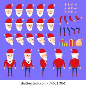 Strong Santa Claus creation set. Various gestures, emotions, diverse poses, views. Create your own pose, animation. Flat style vector illustration