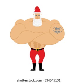 Strong Santa Claus. guy with big muscles. Old bodybuilder with tattoo. Athlete elderly man in red shorts and Cap.
