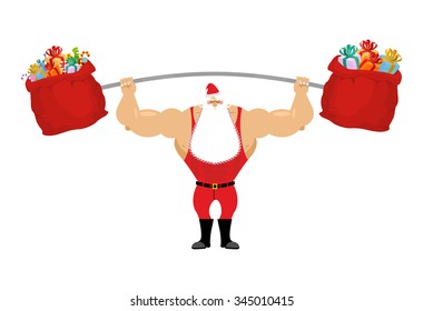 Strong Santa Claus holding barbell and gift bag. Sports for Christmas with beard. Red sack with gifts for aggravation of  rod. Powerful man in sport suit.
