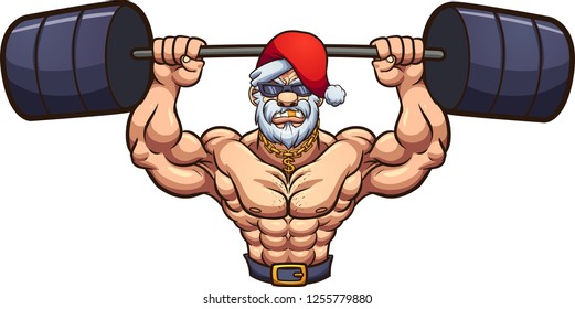 Strong Santa Claus lifting weights. Vector clip art illustration with simple gradients. Head and body on separate layers.
