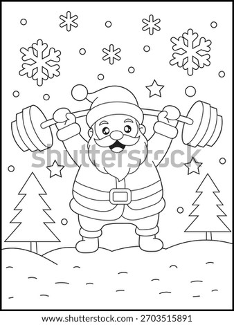 Strong Santa Claus Lifting Weights Coloring Page for Christmas Fun. Holiday coloring book pages for kids and adults. Black and white line art printable