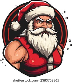 Strong Santa Claus. Vector clip art illustration. Logo.  Bodybuilder's head and body.