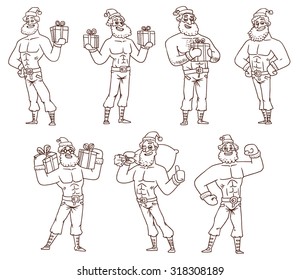 Strong Santa Clauses set, line art, vector