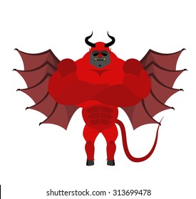 Strong Satan. Red demon with horns and wearing sunglasses. Big and strong Devil with wings. Scary bodybuilder. large muscles and tail. Fitness from hell