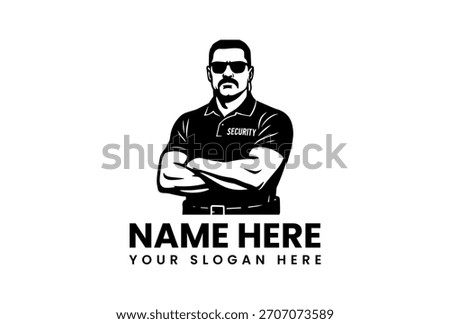 A strong security guard logo with sunglasses, mustache, and crossed arms. The word "SECURITY" is on the shirt.
