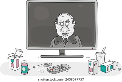 Strong sedative medications of a television viewer in front of a TV set showing an old government official in a spooky propaganda show with ideological brainwashing, vector cartoon illustration