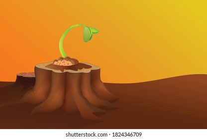 a strong seedling growing in the center trunk global warming. Growing plant seed in cartoon style for your design, stock illustration. Tree Stump .