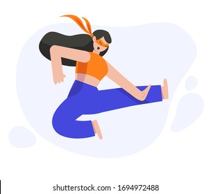 A strong self-confident woman jumps and hits with straight leg and arm. Female fighter engaged in martial arts. Jump shot. Vector illustration in flat cartoon style in blue and orange colors.
