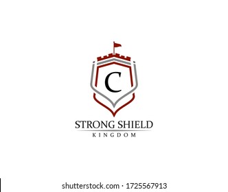 Strong Shield, Gold Heraldic C Letter Monogram. Retro minimal shield Shape.  Crown, Castle, Kingdom Logo Design.