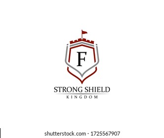 Strong Shield, Gold Heraldic F Letter Monogram. Retro minimal shield Shape.  Crown, Castle, Kingdom Logo Design.