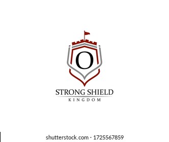 Strong Shield, Gold Heraldic O Letter Monogram. Retro minimal shield Shape.  Crown, Castle, Kingdom Logo Design.