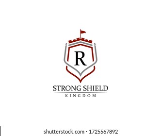 Strong Shield, Gold Heraldic R Letter Monogram. Retro minimal shield Shape.  Crown, Castle, Kingdom Logo Design.