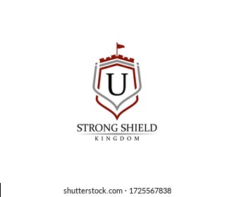 Strong Shield, Gold Heraldic U Letter Monogram. Retro minimal shield Shape.  Crown, Castle, Kingdom Logo Design.