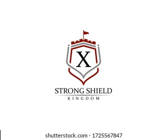 Strong Shield, Gold Heraldic X Letter Monogram. Retro minimal shield Shape.  Crown, Castle, Kingdom Logo Design.