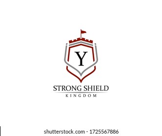 Strong Shield, Gold Heraldic Y Letter Monogram. Retro minimal shield Shape.  Crown, Castle, Kingdom Logo Design.