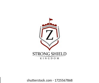 Strong Shield, Gold Heraldic Z Letter Monogram. Retro minimal shield Shape.  Crown, Castle, Kingdom Logo Design.