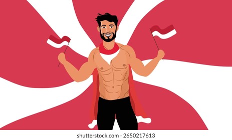 Homem forte e sem camisa agitando duas bandeiras indonésias orgulhosamente celebrando o Dia da Independência