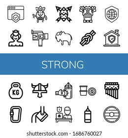 strong simple icons set. Contains such icons as Shield, Sumo, Wrestler, Super, Bison, Armor, Knot, Kettlebell, Carabiner, Viking helmet, Heavy, can be used for web, mobile and logo