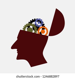 strong and skilled creative man with gear on his head and symbol of the intelligent brain of humans