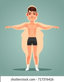 Strong Slim Man Character Locked Up In Fat Man Body. Vector Flat Cartoon Illustration