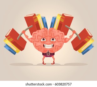 Strong smart brain character mascot. Vector flat cartoon illustration