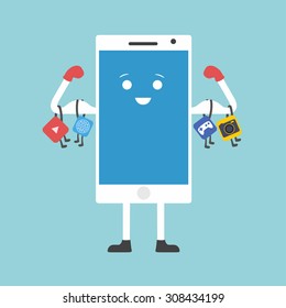 strong smart phone vector illustration.Hardy, powerful smart phone with muscles and applications