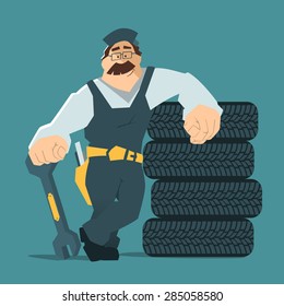 Strong smile man holding wrench and leaning on a stack of wheel. Car tire tyre service illustration.