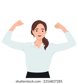 Strong smiling business woman stand raising hands, pumping fists, celebrating achievement success. Successful businesswoman gesturing, showing power and leadership. Flat vector illustration isolated o