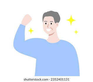 Strong smiling elder man. Happy elderly showing healthy body. Exercise, Healthcare, leisure, mental, positive lifestyle concepts. Flat cartoon character vector design isolated illustration.