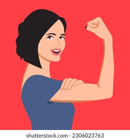 Strong smiling woman showing arm and bicep, to illustrate strenght concept like beeing a mother, a businesswoman