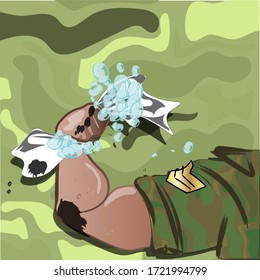 Strong soldier arm with soapy rag in a front of camouflage background. Vector illustartion.