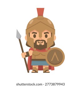 Strong spartan warrior character with a beard, spear, and lambda shield in flat design.
