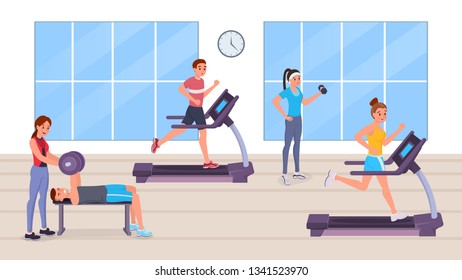 Strong sports cartoon men and women doing sport, running on treadmill, having strength exercise pumping muscles with dumbbells vector illustration. Gymnasium interior