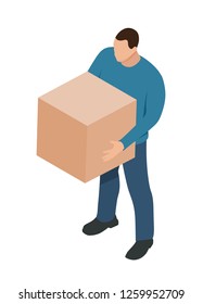 Strong sports guy with a cardboard box in hands on a white background. Vector illustration of delivery service, logistics, mail. A man in a blue jacket and jeans carrying cargo