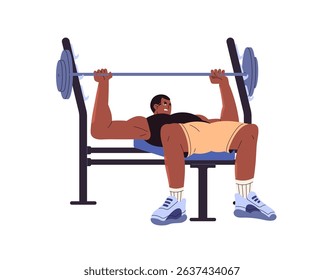 Strong sportsman does chest press with sport equipment in gym. Person does strength training with barbell. Sturdy man pumps muscles at workout. Flat isolated vector illustration on white background