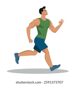 strong sportsman running, man doing sports outdoors, vector illustration.