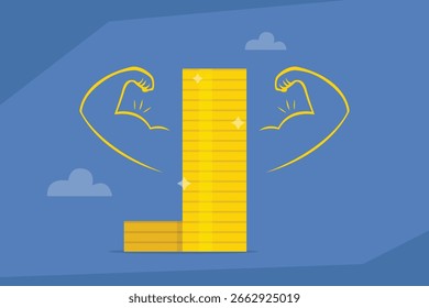 Fuerte pila de monedas con brazos musculares para la seguridad financiera 2d Ilustración vectorial plana