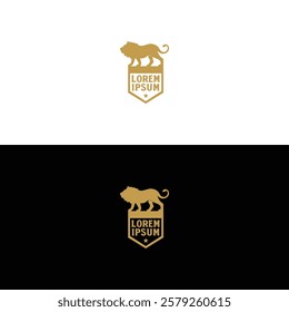 Strong Standing Lion Leo Silhouette with Shield Crown Crest Logo Design Vector