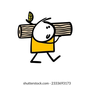Strong stickman at a construction site cut down a tree in the forest and carries a log on his shoulder. Vector illustration of a man destroying a forest. Funny comics person action isolated on white.