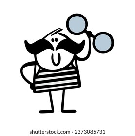Strong stickman in a striped suit and a big black mustache performs in a circus. Vector illustration of an actor holding a heavy kettlebell or dumbbell with one hand. Character isolated on white.