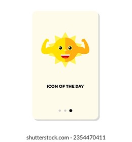 Strong sun character showing muscles flat icon. Vertical sign or vector illustration of climate or weather element. Summer, meteorology, seasons, strength for web design and apps